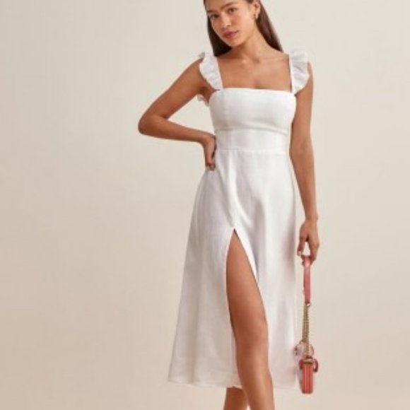 Reformation | Dresses | Reformation Spaulding White Linen Ruffle Midi Dress  | Poshmark